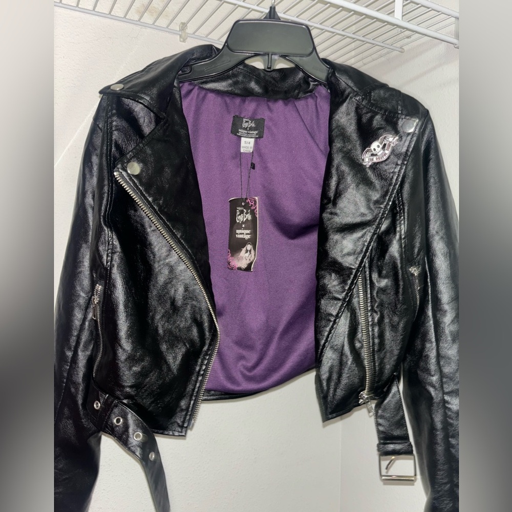 Unique Vintage The Corpse Bride Black Leather Jacket with Purple Lining Small